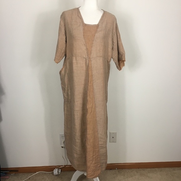 Flax Dresses & Skirts - FLAX Tan 100% Linen Short Sleeve Maxi Dress